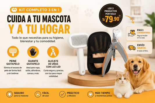 Peine atrapapelo + alicate de uñas con luz led + guante atrapapelo